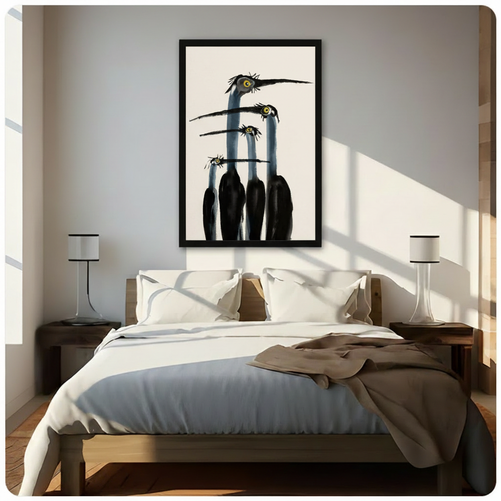 Gothic bird gang framed wall art above bed in minimalist bedroom with sunlight diagonal shadow on white wall