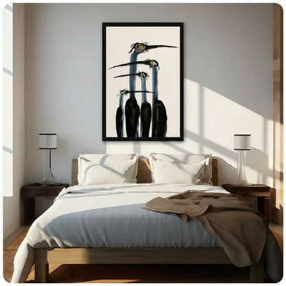 Gothic bird gang framed wall art above bed in minimalist bedroom with sunlight diagonal shadow on white wall