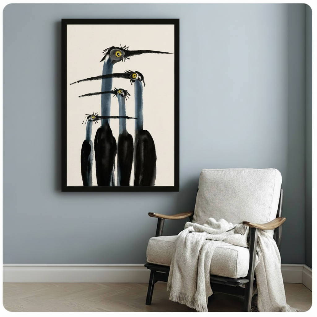 Gothic whimsical long-necked bird gang framed canvas art on blue-gray wall beside white armchair with throw blanket