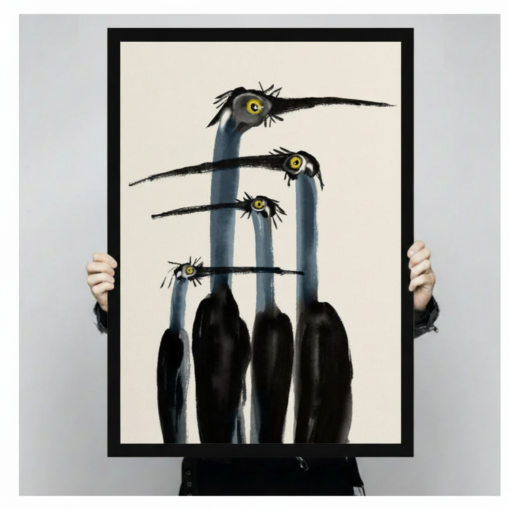 Person in black clothing holding large framed canvas print of four staring long-necked birds on cream background