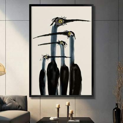 Four gothic whimsical long-necked birds black float frame canvas wall art on gray tile wall above dark console table