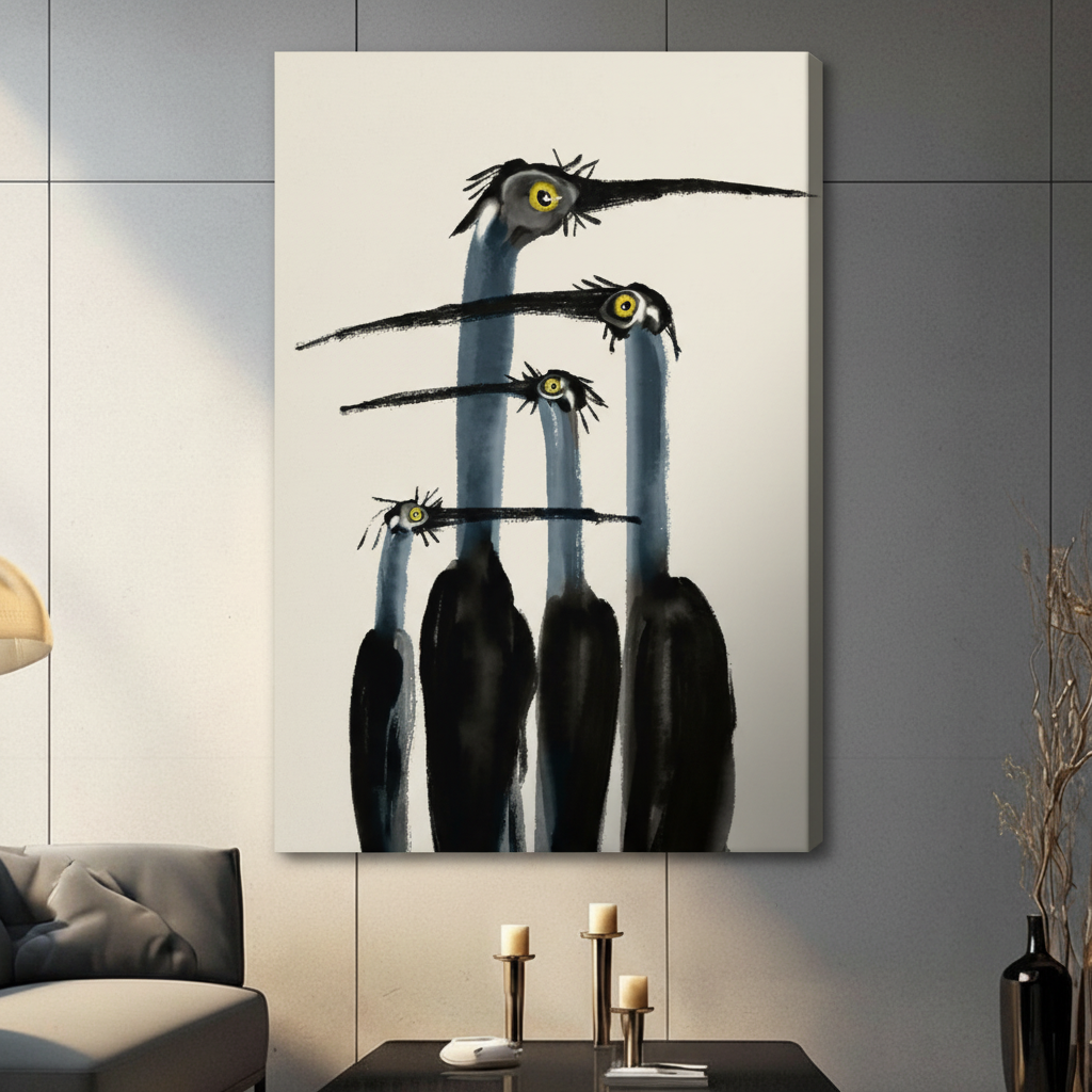 Frameless gallery wrap stretched canvas of quirky long-necked birds on gray tile wall above console table with pillar candles