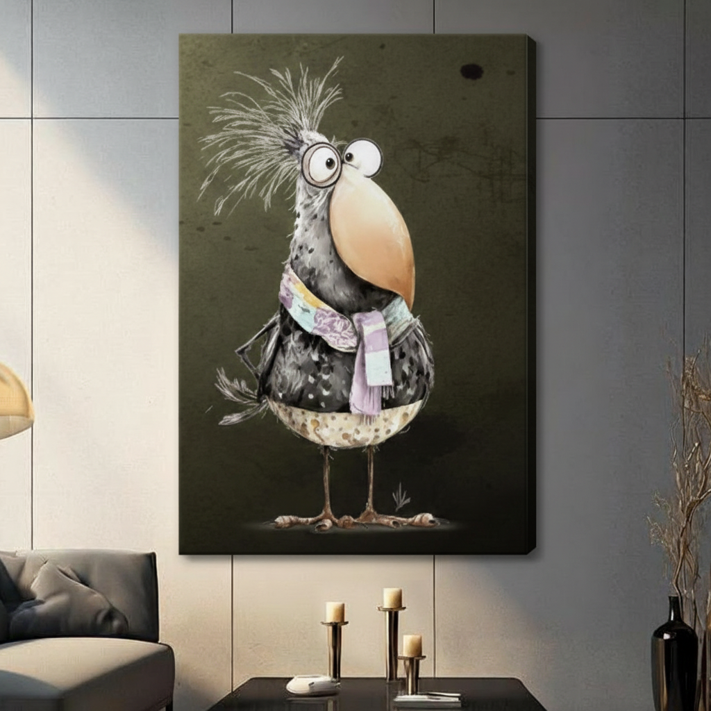 Gallery wrap stretched canvas of a round gray funny bird with bulging eyes round spectacles a huge beige beak exploding silver feather crest and layered purple scarf on a dark olive background hung frameless on a gray wall above a dark sofa