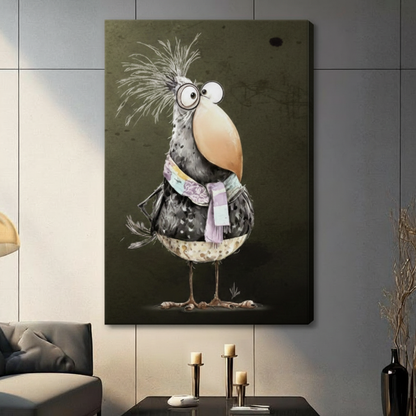 Gallery wrap stretched canvas of a round gray funny bird with bulging eyes round spectacles a huge beige beak exploding silver feather crest and layered purple scarf on a dark olive background hung frameless on a gray wall above a dark sofa