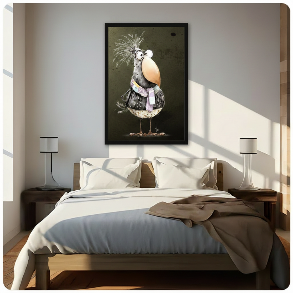 Black framed humorous quirky bird character with wild silver crest round spectacles huge beige beak and layered purple scarf dark whimsy canvas wall art on olive background hung above a dark wood bed with white and beige linen in a sunlit bedroom
