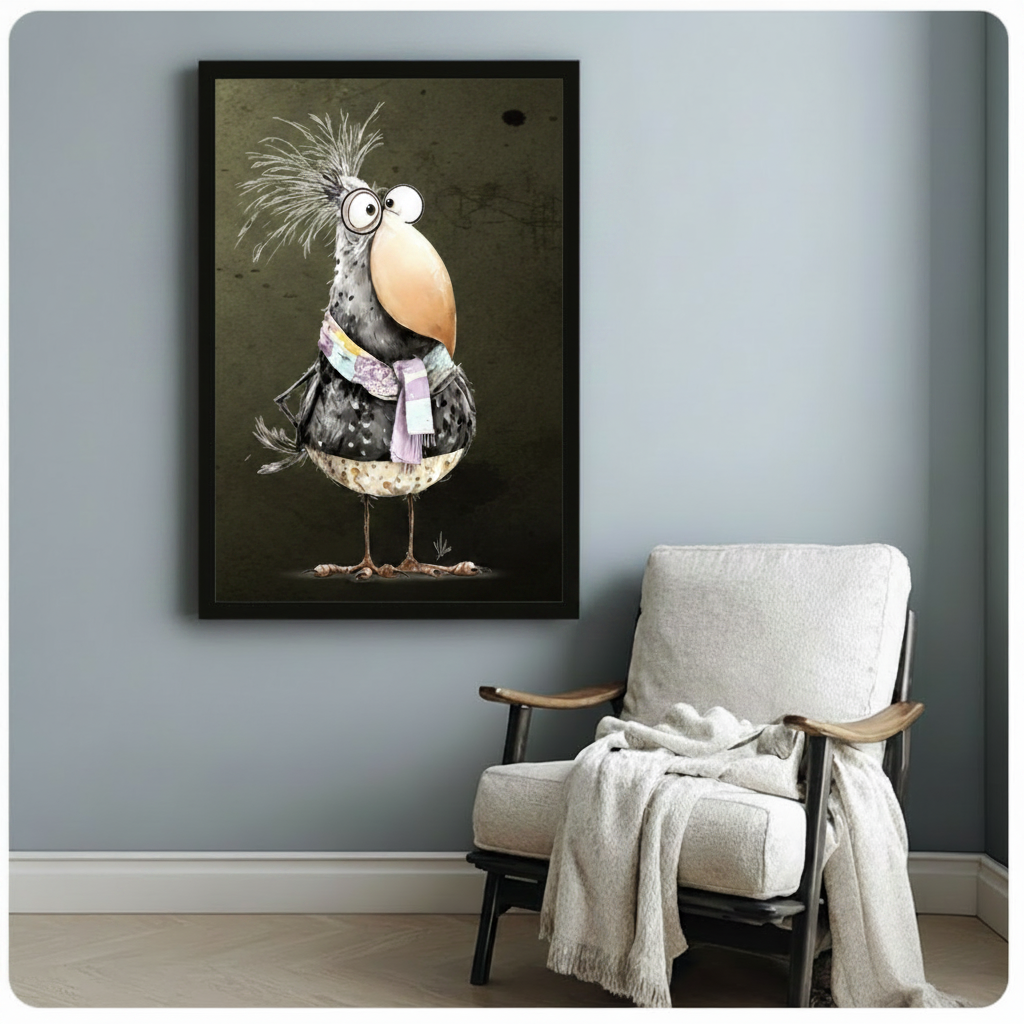 Black framed whimsical gentleman bird with wild crest round glasses giant beak and purple scarf dark humor illustration canvas print on aged olive brown background hung on a soft blue-gray wall beside a white upholstered wood lounge chair