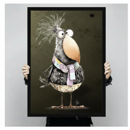 Two hands holding a large black framed funny quirky bird with round glasses oversized beak exploding feather crest and purple scarf dark whimsy illustration canvas art print on olive brown background, front-facing vertical size display