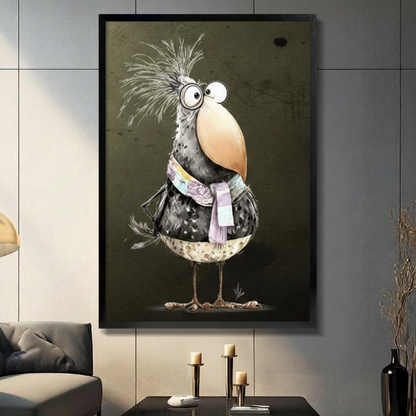 Black framed quirky cartoon bird with round glasses oversized beak wild silver crest and purple scarf dark whimsy illustration canvas wall art on olive brown background displayed in a modern gray living room with dark sofa and gold candlesticks