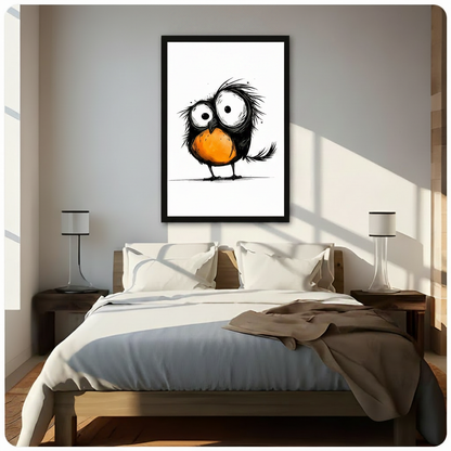 Framed canvas print of a quirky fluffy black bird with wild spiky feathers, giant expressive eyes, and a bright orange chest, hung as a playful statement wall art piece above a bed in a sunlit modern bedroom
