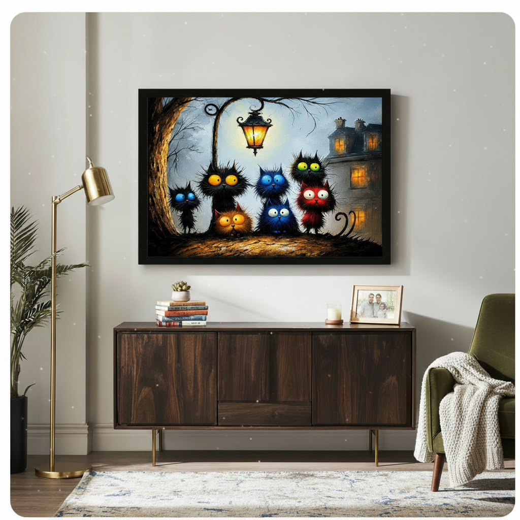 Framed canvas of quirky black, blue and red cats with cartoon-style eyes gathered under a vintage lantern beside a haunted house, styled above a wooden sideboard in a living room