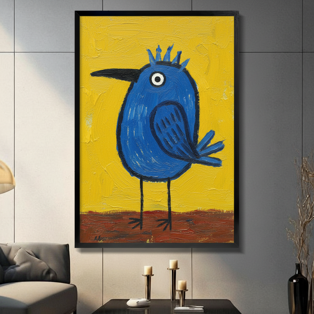 Black framed canvas wall art of a quirky round blue bird with a spiky crown, bold black beak, and wide white eye on a vivid yellow and brown ground background, displayed in a modern living room