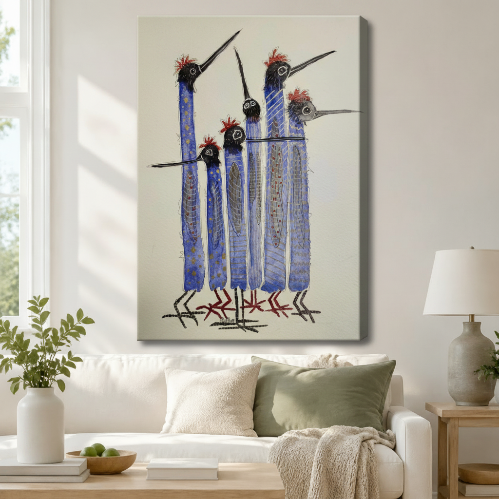 Whimsical blue elongated birds with red crests gallery wrapped canvas print displayed above white sofa in bright living room