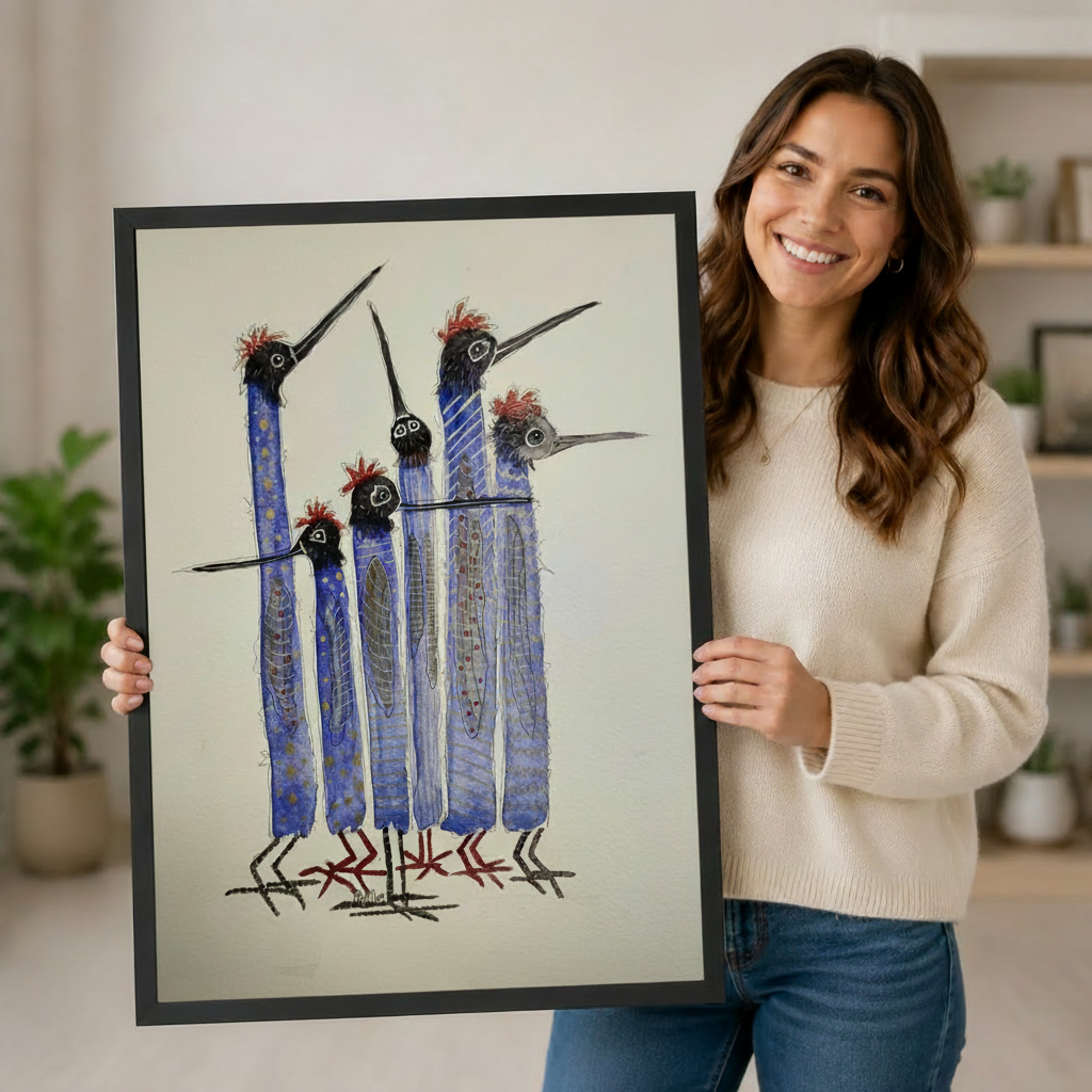 Woman smiling holding large framed quirky blue long-necked bird flock wall art print with red crest detail