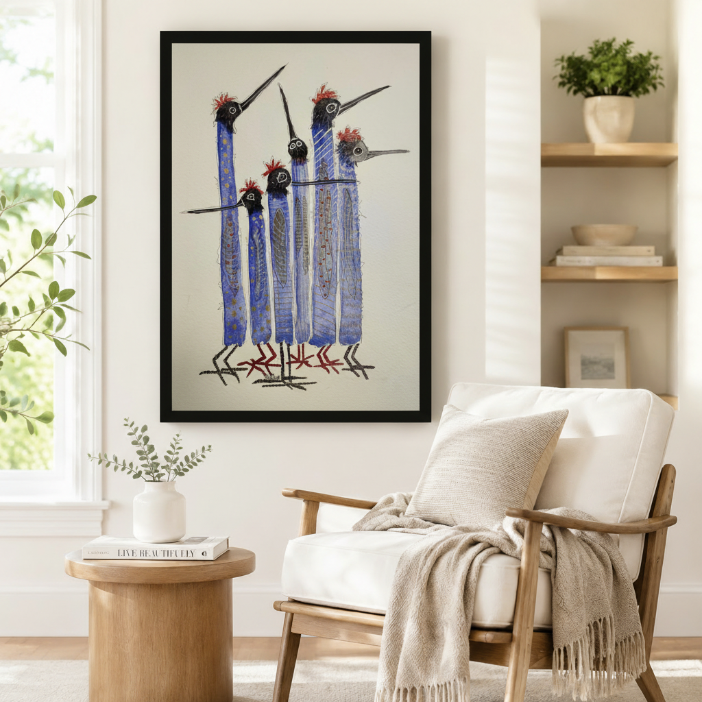 Folk art style blue quirky bird flock black framed poster beside armchair in minimalist Scandinavian reading corner
