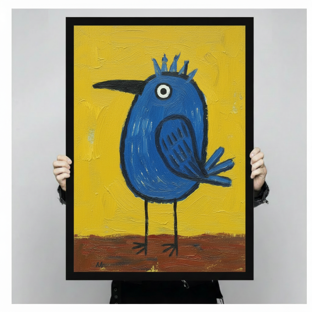 Close-up of a black framed art print showing a bold round blue bird with a spiky crown, single white eye, and thin black legs on a vivid yellow and brown textured background, held up by two hands