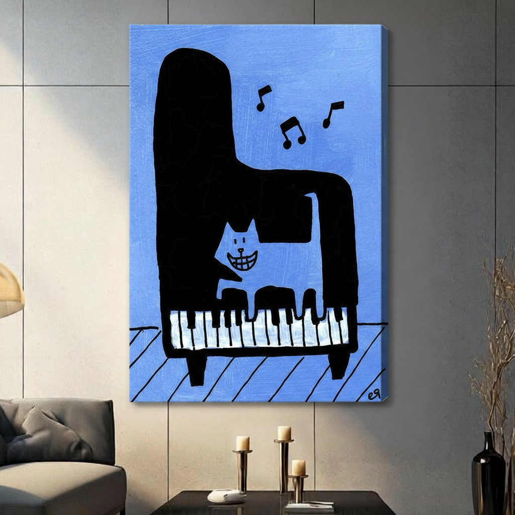 Stretched canvas wall art featuring a wide-grinning white cat perched on an oversized abstract black grand piano with black and white keys and scattered music notes floating on a bright cobalt blue background, hung on a gray tile wall beside a modern charcoal sofa