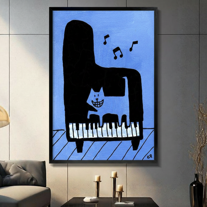Black framed quirky grinning cat sitting on a bold black grand piano canvas art with floating music notes on a vivid blue textured background, displayed on a gray tile wall above a console table with tall candlesticks beside a charcoal sofa