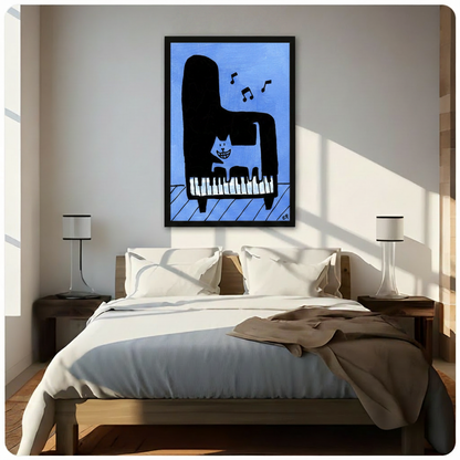 Black framed quirky cat on piano canvas art with a cheerful grinning cat atop a bold abstract black grand piano and drifting music notes on a bright blue background, hung above a wooden bed frame in a sun-drenched minimalist bedroom with crisp white linen bedding and matching cylindrical nightstand lamps