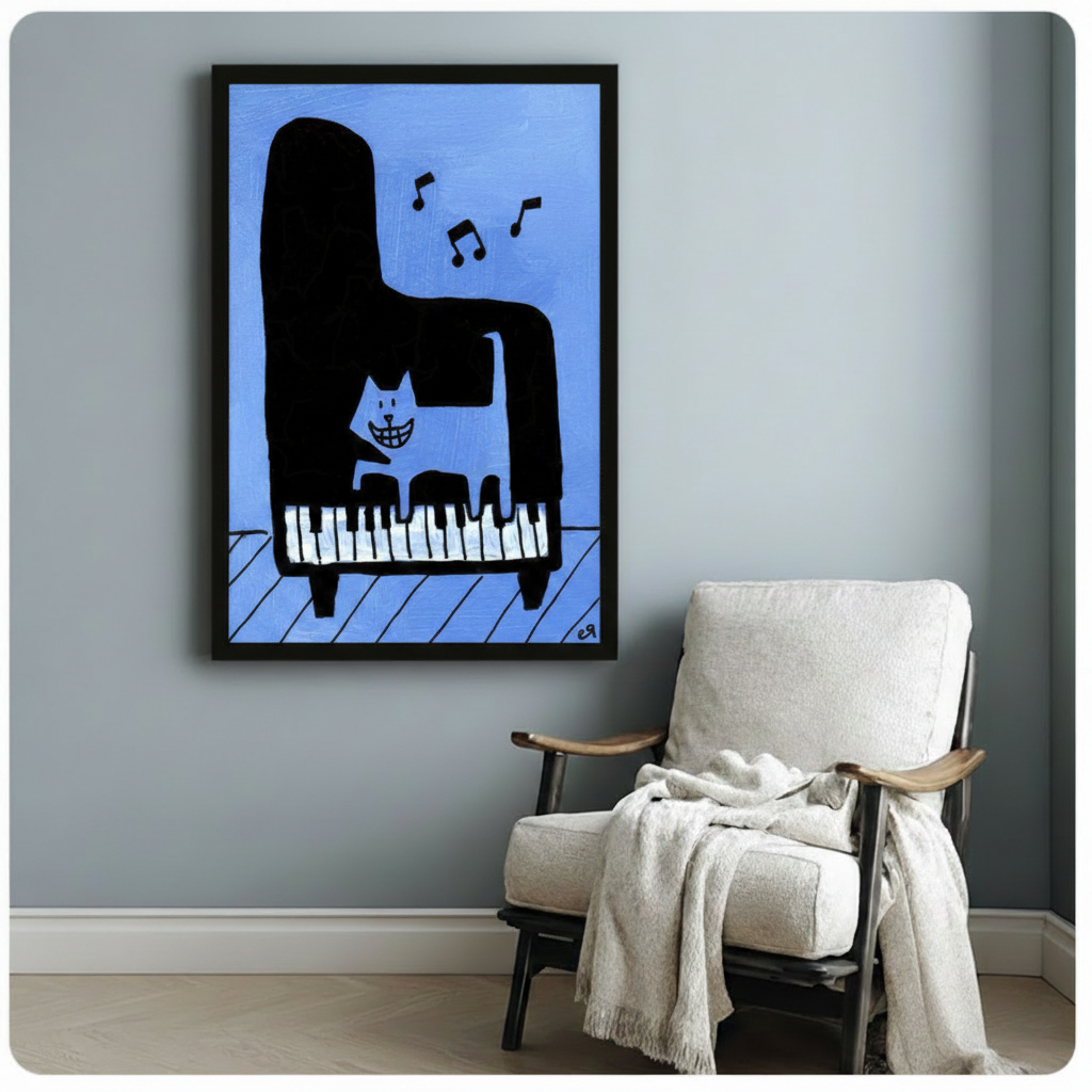Black framed whimsical smiling cat on grand piano canvas art with bold black silhouette piano and floating musical notes on a vivid blue painted background, displayed on a soft blue-gray wall beside a white wooden armchair draped with a cream linen throw blanket