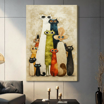Playful mid-century modern oil painting of a crowd of ten uniquely styled cats in a charming group portrait featuring a tall white cat and a dark teal cat at the center flanked by an elongated olive green cat a petite orange-red cat a warm golden cat three black cats with blue eyes a large fluffy cream cat and an amber-toned cat all rendered with expressive visible impasto brushwork and oversized round eyes against a textured sandy beige background eclectic quirky cat wall art stretched canvas print hanging