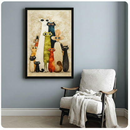 Charming textured oil painting of ten cartoon-style cats in a stacked group portrait with a tall elegant white cat and dark navy teal cat rising at center surrounded by a tall olive green cat a compact orange cat a golden beige cat three black cats a fluffy off-white cat and a warm brown-orange cat all featuring oversized expressive round eyes and whiskers on a warm cream sand-toned impasto background mid-century modern quirky cat gang art framed poster displayed beside a white fabric lounge chair with drap