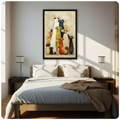 Whimsical mid-century modern impasto oil painting of a group of ten quirky cats of different colors and sizes gathered in a charming portrait featuring a tall white cat and a dark teal cat at the center with an olive green cat orange-red cat golden beige cat three black cats fluffy cream cat and rust-toned cat surrounding them all with large cartoonish round eyes against a warm textured cream beige background eclectic funny cat family wall art framed print hanging above a modern bedroom bed with white linen