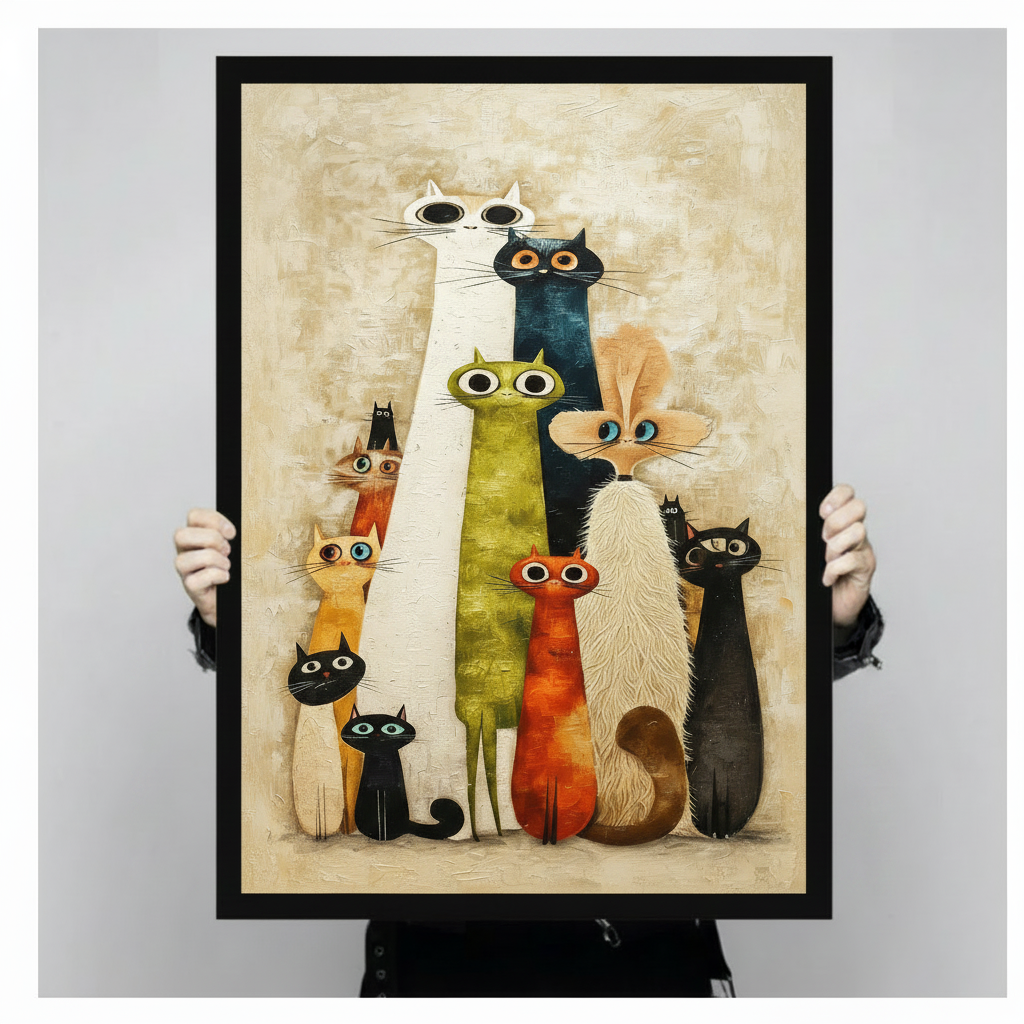 Bold impasto oil painting art print of ten quirky cartoon cats in a fun group portrait with a slender tall white cat and a dark teal cat at the top center surrounded by olive green cat orange-red cat golden cat three black cats fluffy cream cat and rust cat all staring forward with large round expressive eyes and painted whiskers against a warm sandy cream textured brushstroke background funny eclectic cat squad wall art framed print held up for size reference against a light gray neutral background