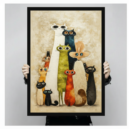 Bold impasto oil painting art print of ten quirky cartoon cats in a fun group portrait with a slender tall white cat and a dark teal cat at the top center surrounded by olive green cat orange-red cat golden cat three black cats fluffy cream cat and rust cat all staring forward with large round expressive eyes and painted whiskers against a warm sandy cream textured brushstroke background funny eclectic cat squad wall art framed print held up for size reference against a light gray neutral background