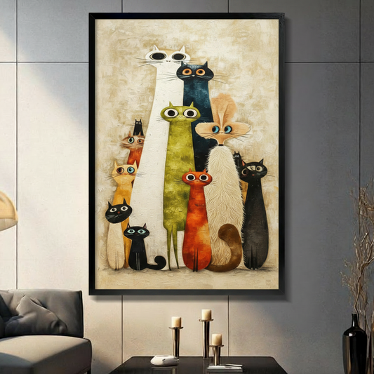 Mid-century modern impasto oil painting of ten quirky cats in a whimsical group portrait centered around a tall slender white cat and a dark teal blue cat towering above the group surrounded by an olive green long-legged cat a small orange-red cat a golden-beige cat three black cats a fluffy cream white cat and a rust-toned cat all with large expressive round eyes against a warm sandy cream textured background with visible brushwork funny cat family wall art framed print displayed in a living room with dark