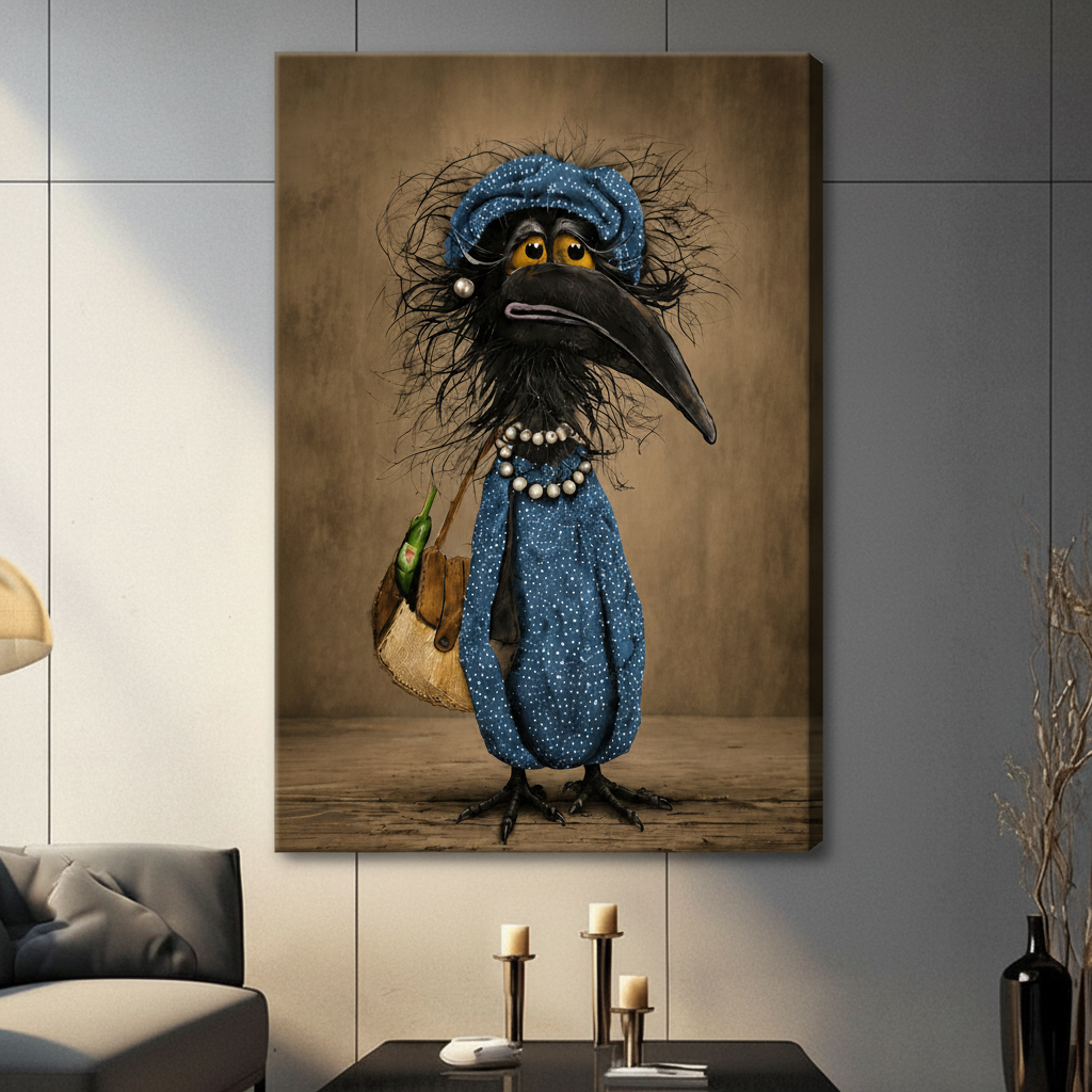 Whimsical crow character in blue polka dot dress gallery wrap canvas displayed on gray paneled wall with candle decor