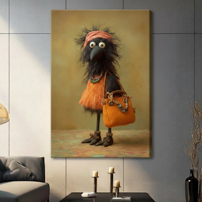 Funny black crow character in orange feathered dress with beaded necklace and orange tote bag, stretched canvas print displayed on grey tile wall in contemporary living room