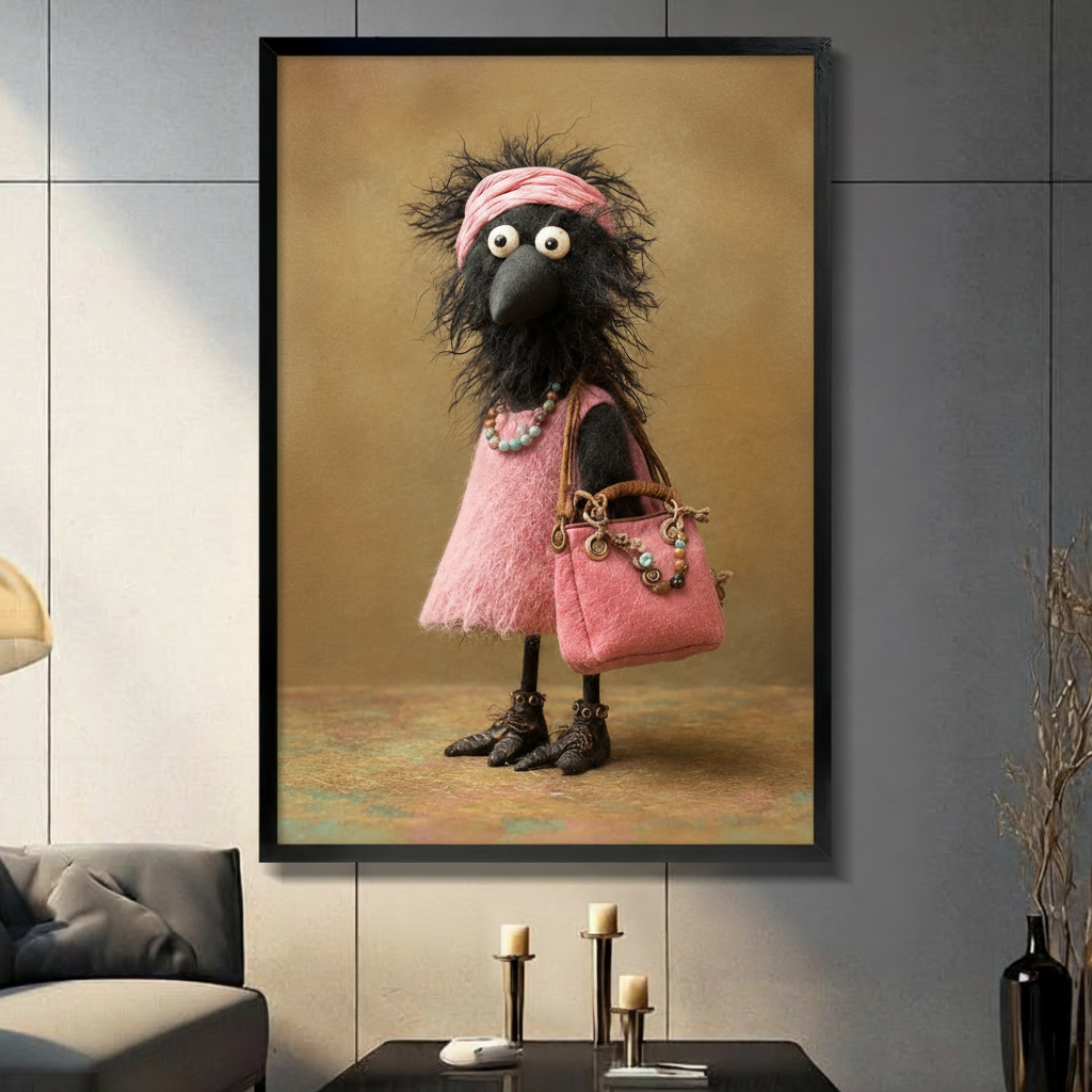 Framed wall art print of a whimsical anthropomorphic crow wearing a pink lace dress and carrying a pink designer handbag, displayed in a modern living room