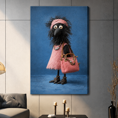 Unframed canvas print featuring a stylish crow character in a pink dress and bead necklace carrying a designer handbag, hung in a contemporary living room

