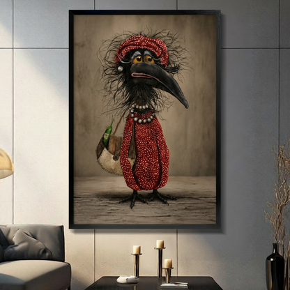Funny anthropomorphic crow in red polka dot outfit and turban framed canvas wall art displayed in modern living room with gray panel wall