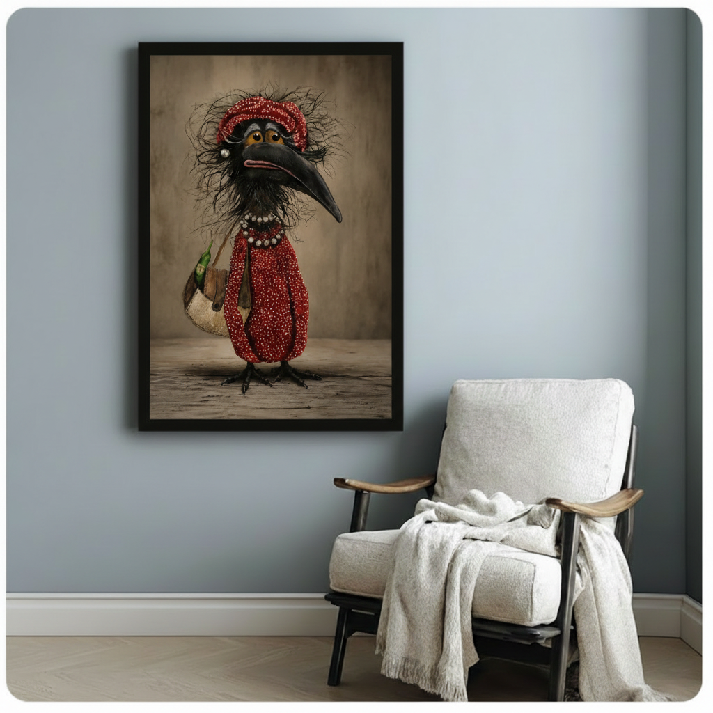 Humorous black crow in red polka dot turban and straw bag framed canvas art above wooden accent chair on soft blue gray wall
