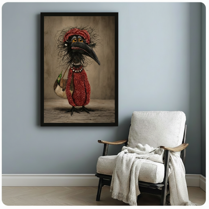 Humorous black crow in red polka dot turban and straw bag framed canvas art above wooden accent chair on soft blue gray wall