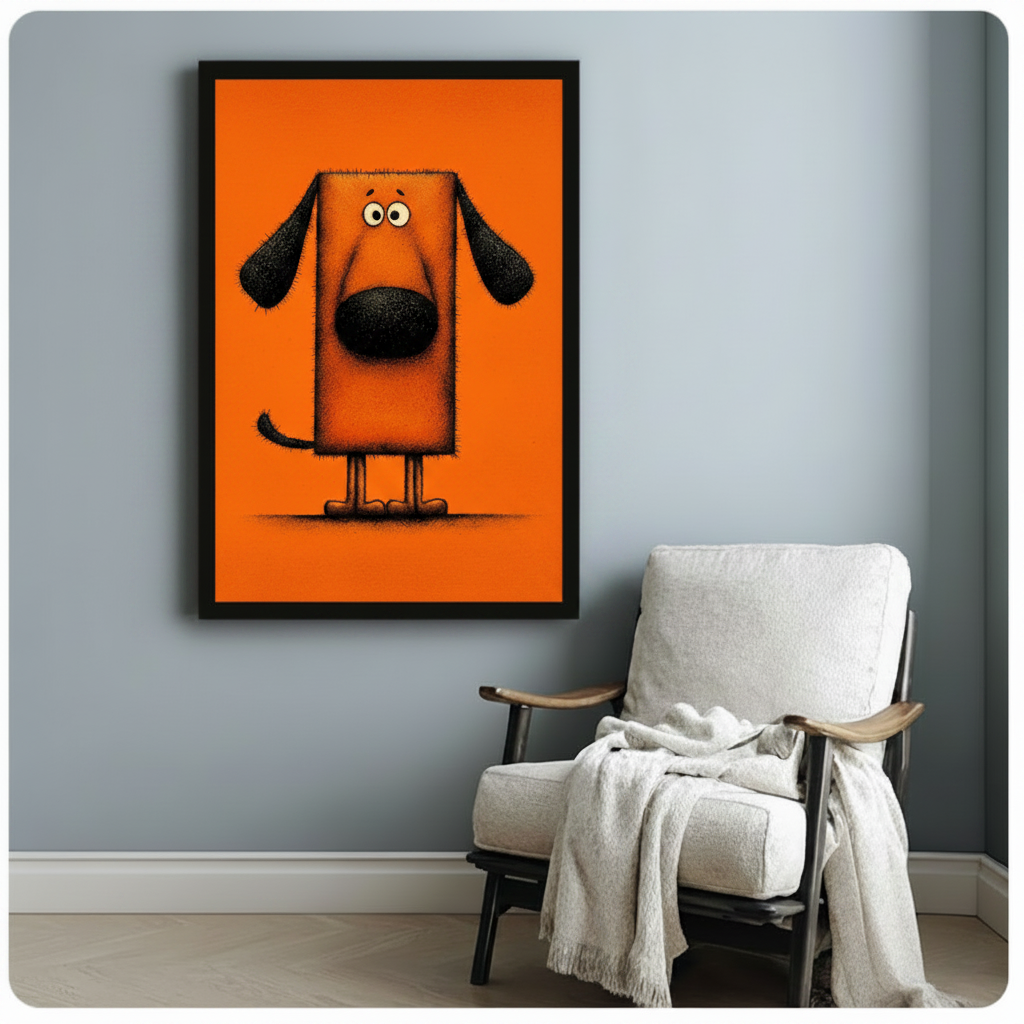 Quirky orange dog illustration in black frame beside linen accent chair – playful pet wall art