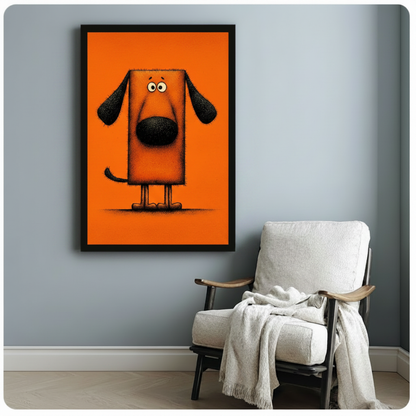 Quirky orange dog illustration in black frame beside linen accent chair – playful pet wall art