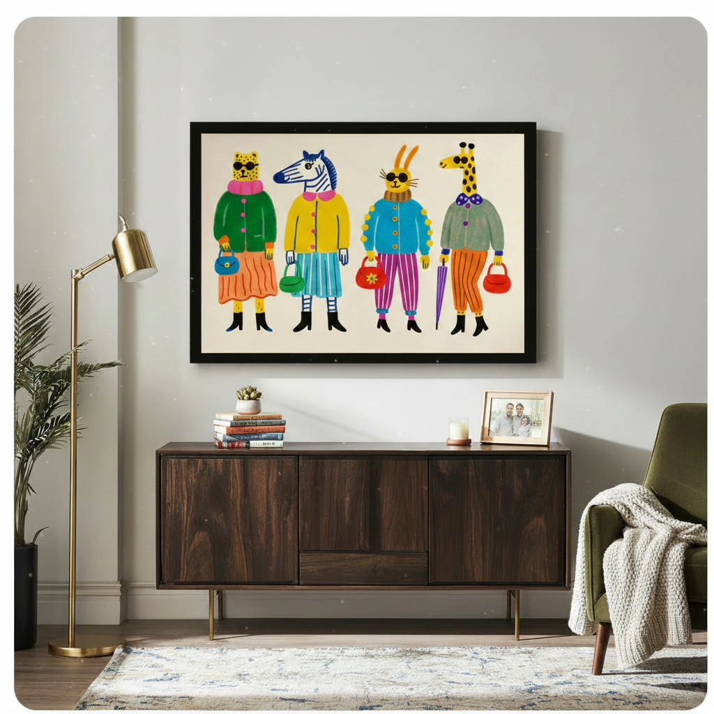 Quirky dressed animals framed art print above wooden sideboard in stylish living room, bold maximalist animal fashion illustration wall decor