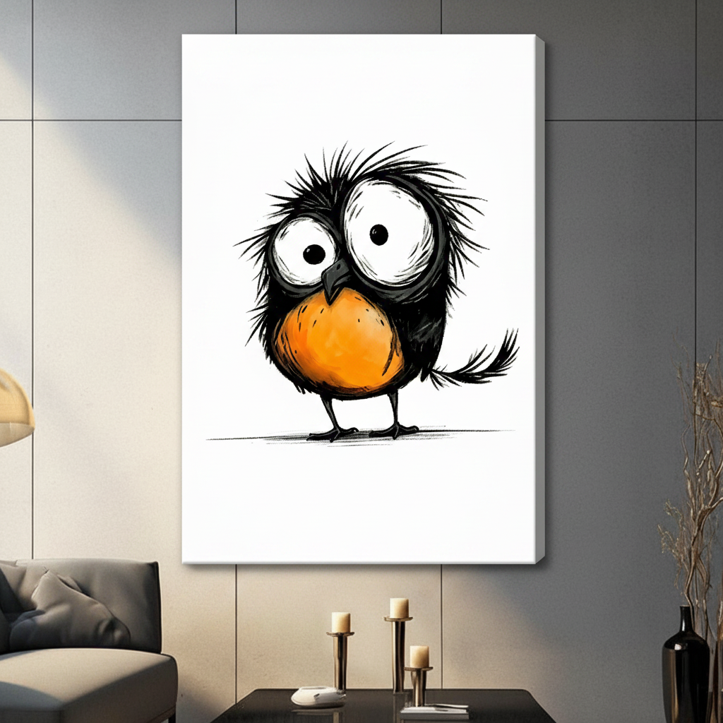 Gallery wrap canvas of a quirky round black bird with wild spiky feathers, huge expressive eyes, and a bold orange breast, whimsical ink illustration style, hung on a gray living room wall
