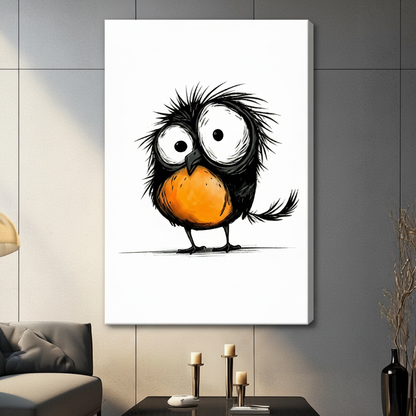 Gallery wrap canvas of a quirky round black bird with wild spiky feathers, huge expressive eyes, and a bold orange breast, whimsical ink illustration style, hung on a gray living room wall