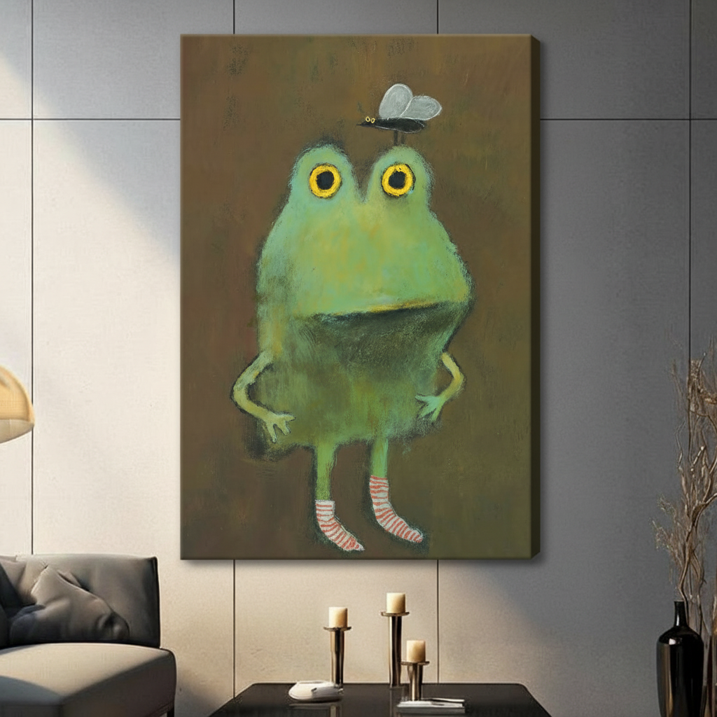 Gallery wrap canvas featuring a quirky green frog with yellow eyes and striped socks, a butterfly resting on its head, hung on a gray living room wall in contemporary decor