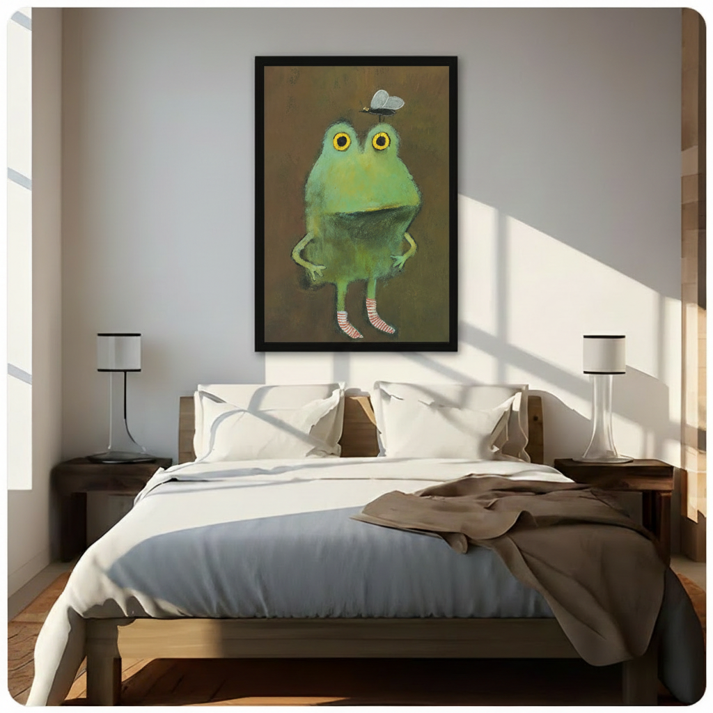Framed canvas print of a whimsical green frog with yellow eyes, striped socks, and a butterfly on its head, hung as a statement wall art piece above a bed in a bright bedroom