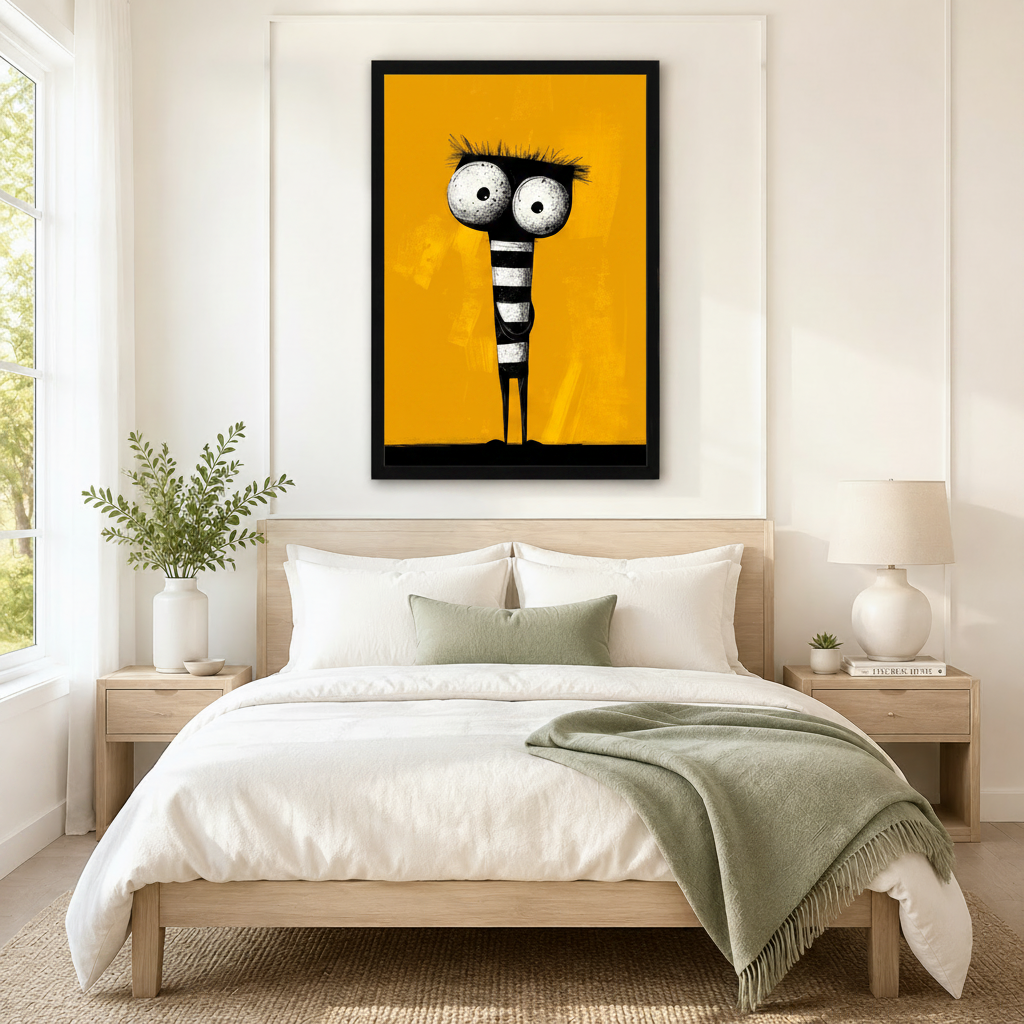 Striking framed wall art of a tall whimsical cartoon monster with enormous round eyes and a black-and-white striped body against a vivid mustard yellow background, displayed above a neutral linen bed in a serene Scandinavian bedroom