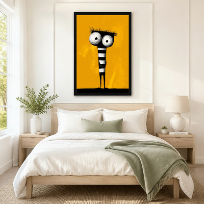 Striking framed wall art of a tall whimsical cartoon monster with enormous round eyes and a black-and-white striped body against a vivid mustard yellow background, displayed above a neutral linen bed in a serene Scandinavian bedroom