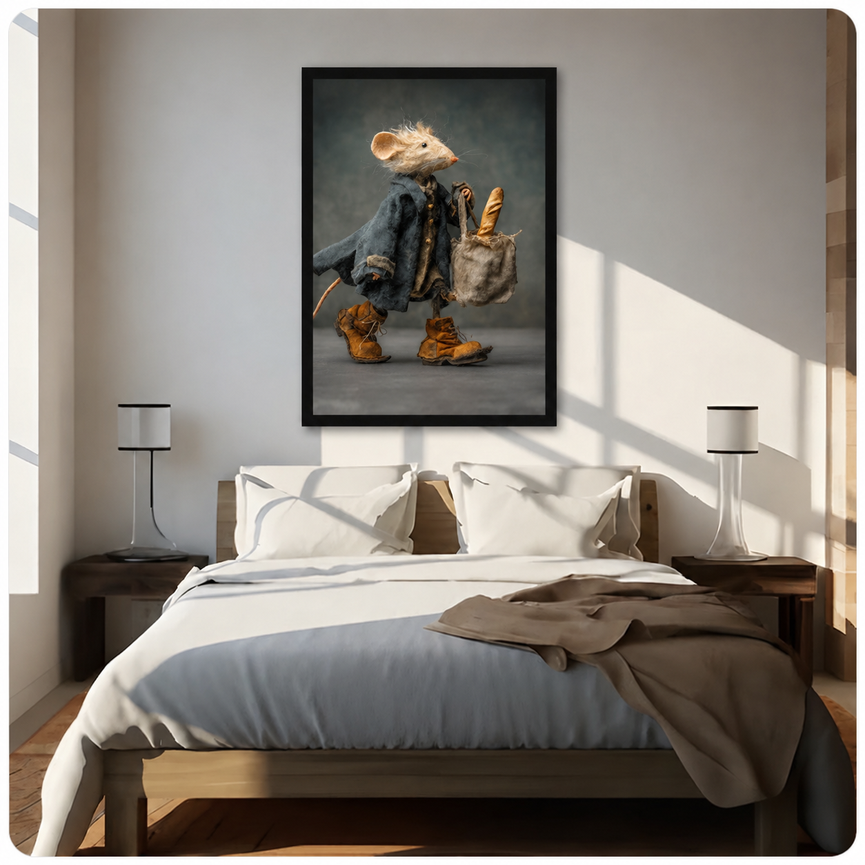 Quirky dressed mouse carrying baguette framed wall art above bed in sunlit bedroom, humorous 3D animal character print for unique bedroom decor