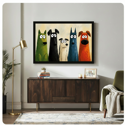 Framed canvas of five quirky multicolor cartoon dogs with bold brushstroke textures, styled above a wooden sideboard in a bright living room with gold floor lamp