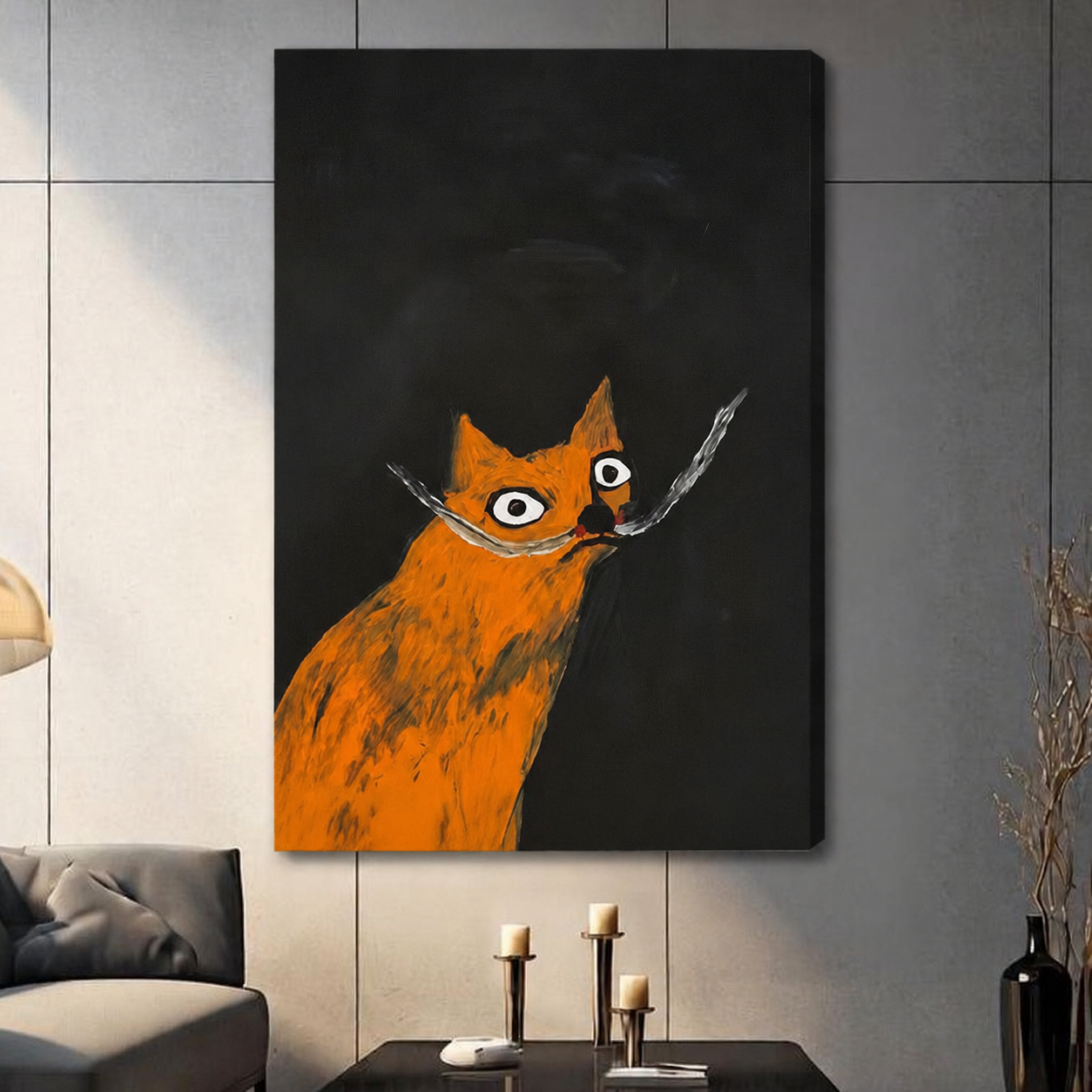 Quirky orange cat canvas wrap art with expressive eyes hung on a dark grey wall in a contemporary living room setting