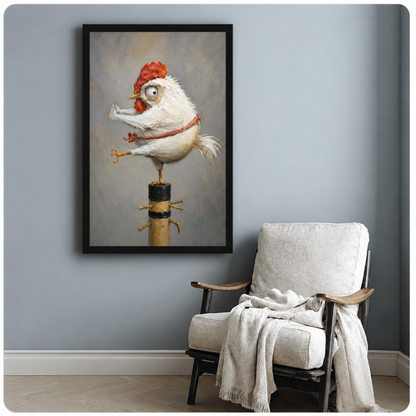 Oil painting style framed art print of a comical white rooster with a red comb balancing on a wooden post and holding a key, styled beside a cozy white armchair