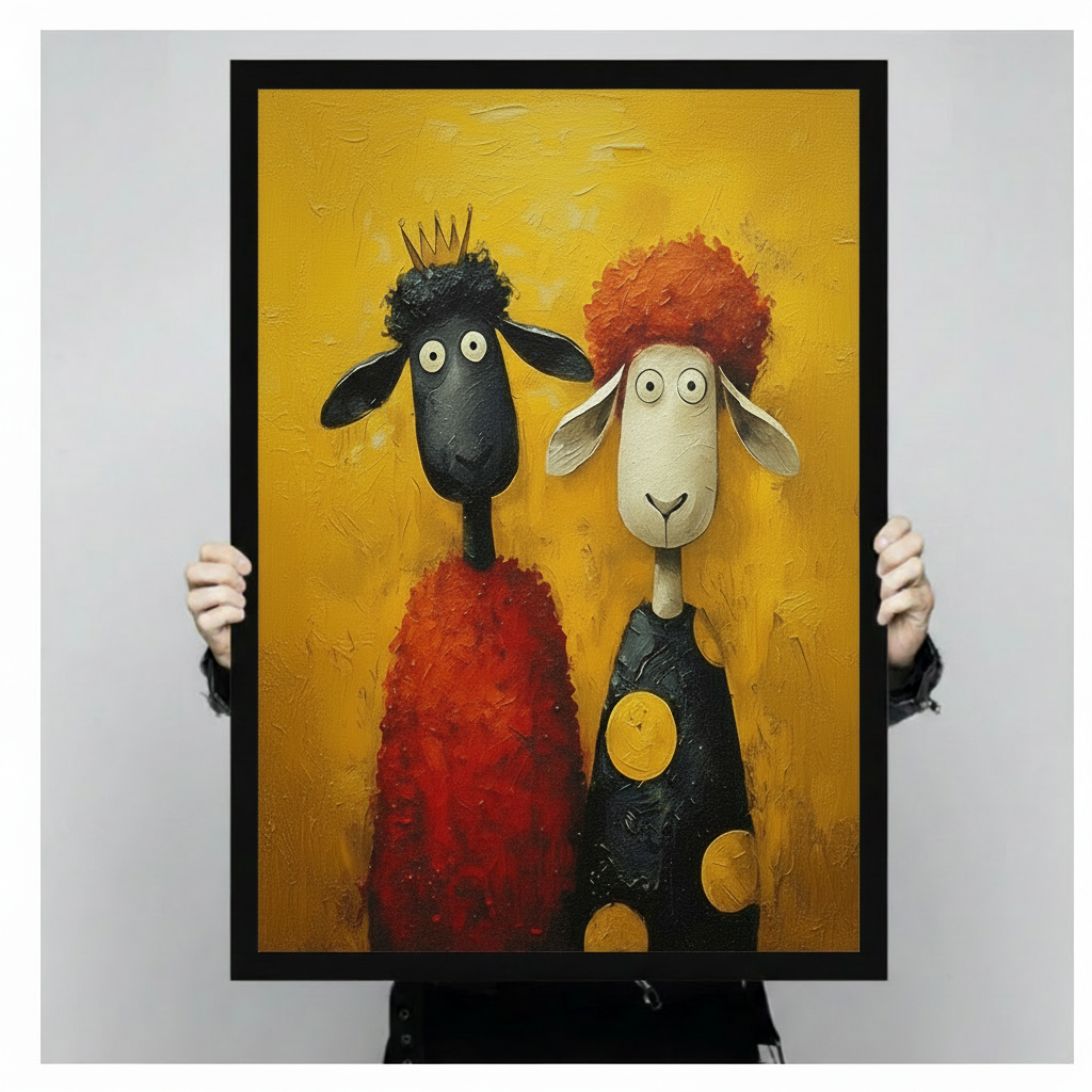 Framed funny sheep canvas print held up for size — quirky sheep duo portrait with crown and polka dot outfit, bold yellow background wall art